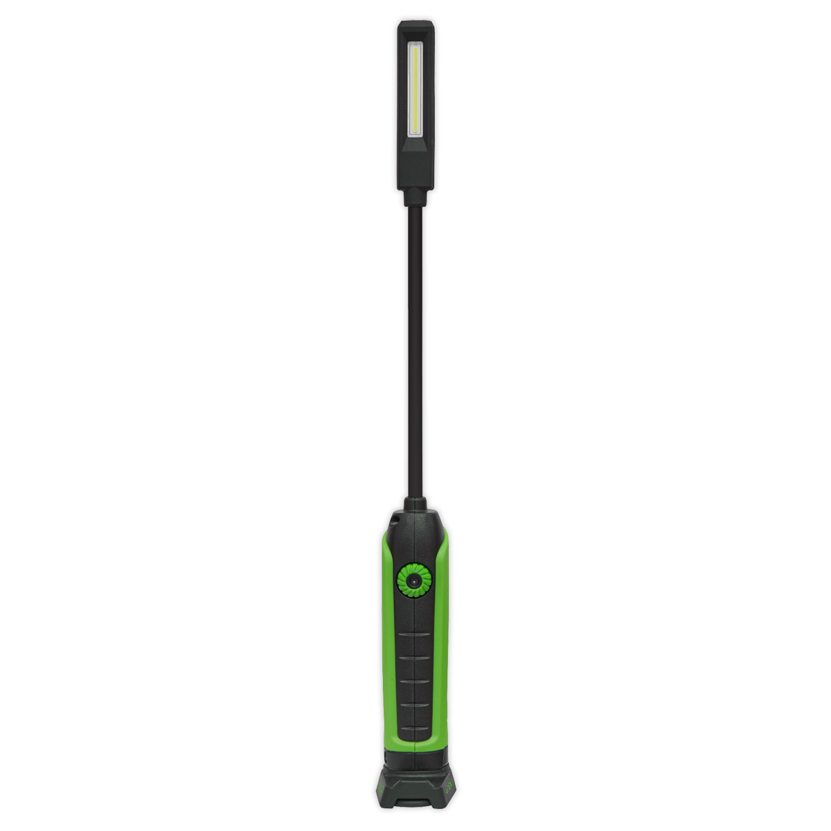 The Sealey Flexi Rechargeable Inspection Light 5W COB & 3W SMD LED - LEDFLEXG is an LED work light with a long, slender design, featuring a 5W COB LED. The light includes a handle at the base, green trim, and a flexible neck for easy positioning.