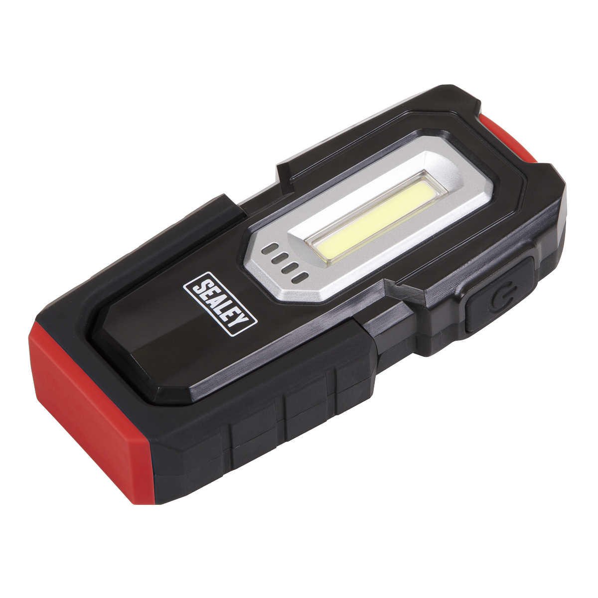 A handheld Sealey Inspection Light 3W COB & 1W SMD LED - Wireless Rechargeable - LEDWC03 in black and red, with a side power button and a magnetic base for easy attachment.