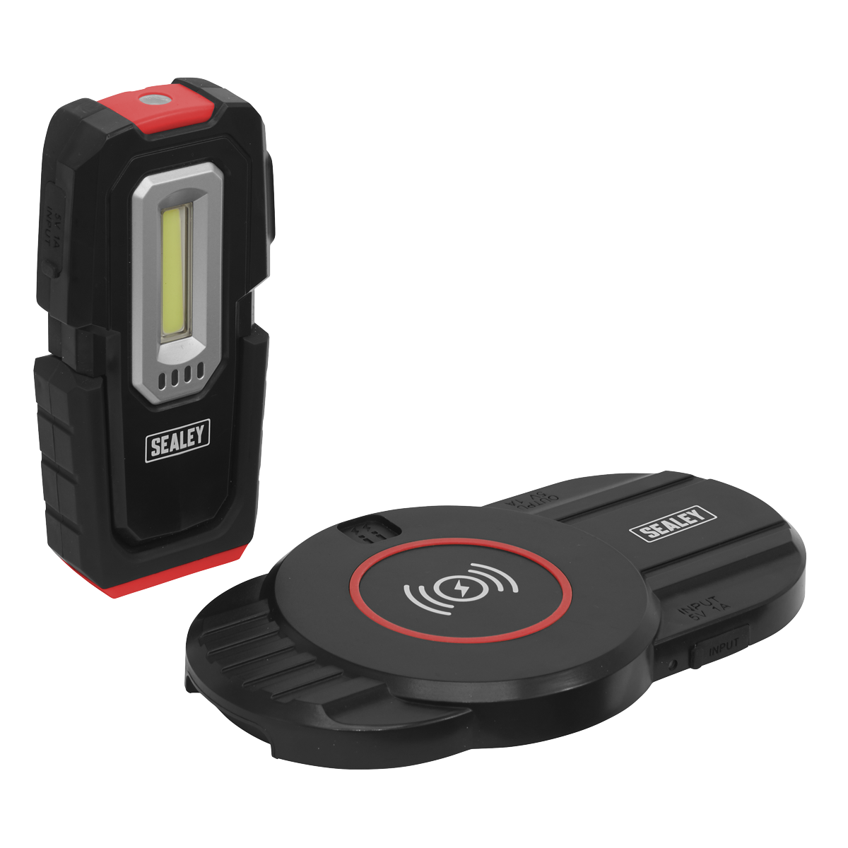 The Inspection Light 3W & 1W COB LED & Single Wireless Charging Base - LEDWCBCOMBO1 by Sealey is a compact, black and red portable inspection light featuring a dimming function. Paired with a circular black wireless charging pad, both branded "Sealey", this wireless rechargeable combo is perfect for versatile lighting needs.