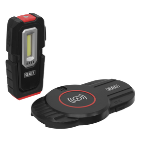 The Inspection Light 3W & 1W COB LED & Single Wireless Charging Base - LEDWCBCOMBO1 by Sealey is a compact, black and red portable inspection light featuring a dimming function. Paired with a circular black wireless charging pad, both branded "Sealey", this wireless rechargeable combo is perfect for versatile lighting needs.