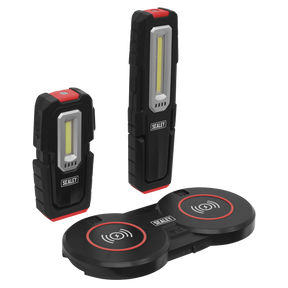 Two black Sealey Insp. Light 3W & 5W COB LED with red accents and a Double Wireless Charge Base (LEDWCBCOMBO4). The wireless rechargeable station features two circular pads with icons indicating charging capability and includes a dimming function for versatile lighting options.