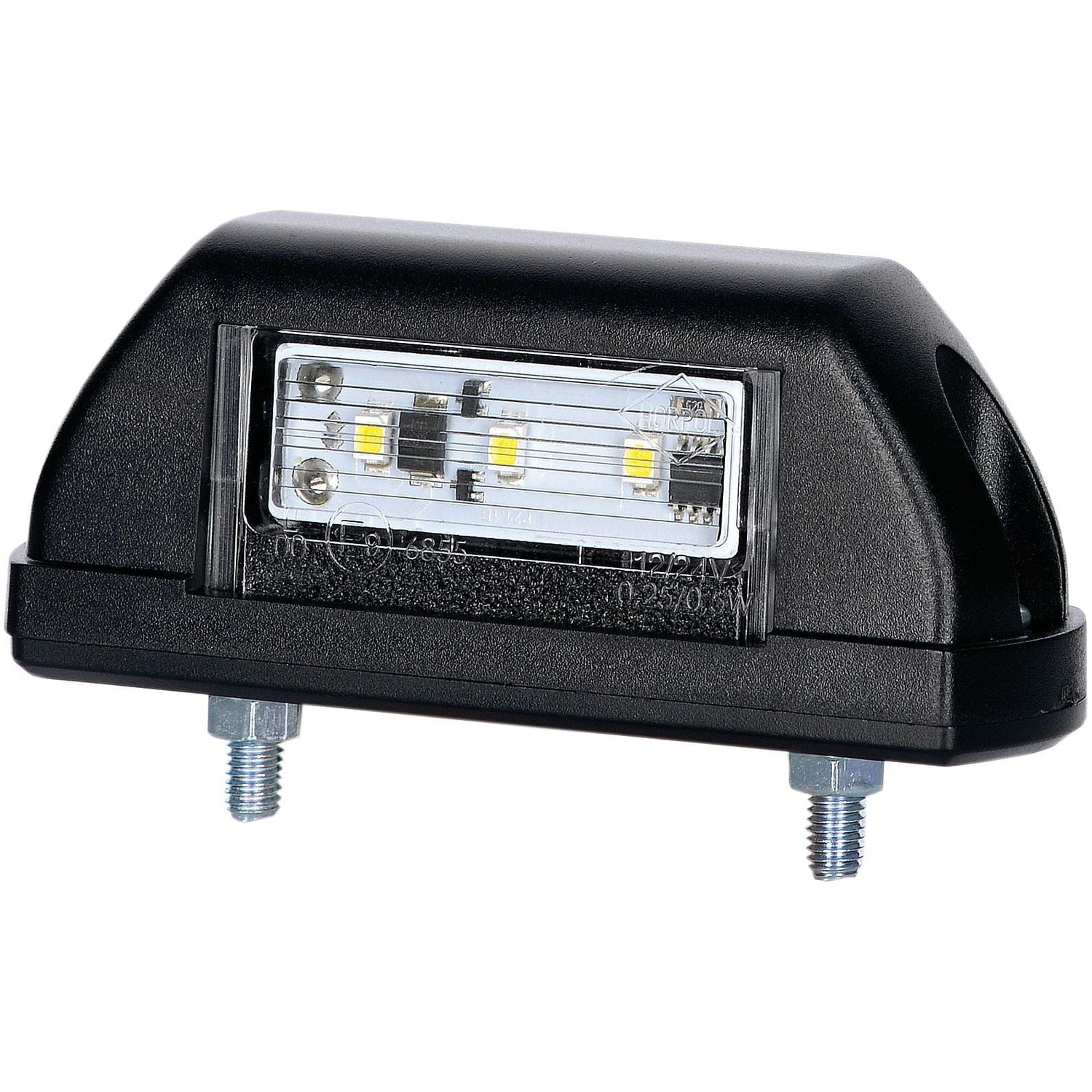 A compact, black, rectangular LED Number Plate Light from Sparex, model S.113369, featuring a transparent cover and two mounting bolts at the bottom, suitable for various applications within 12-24V (RH & LH) range.