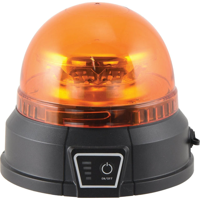 The Sparex LED Rechargeable Beacon (Amber), a small, magnetic rotating beacon light, encompasses black and orange colors with an on/off switch located at the bottom front section and features a bright Class 3 LED for illumination. Suitable for 12-24V systems - S.162444.