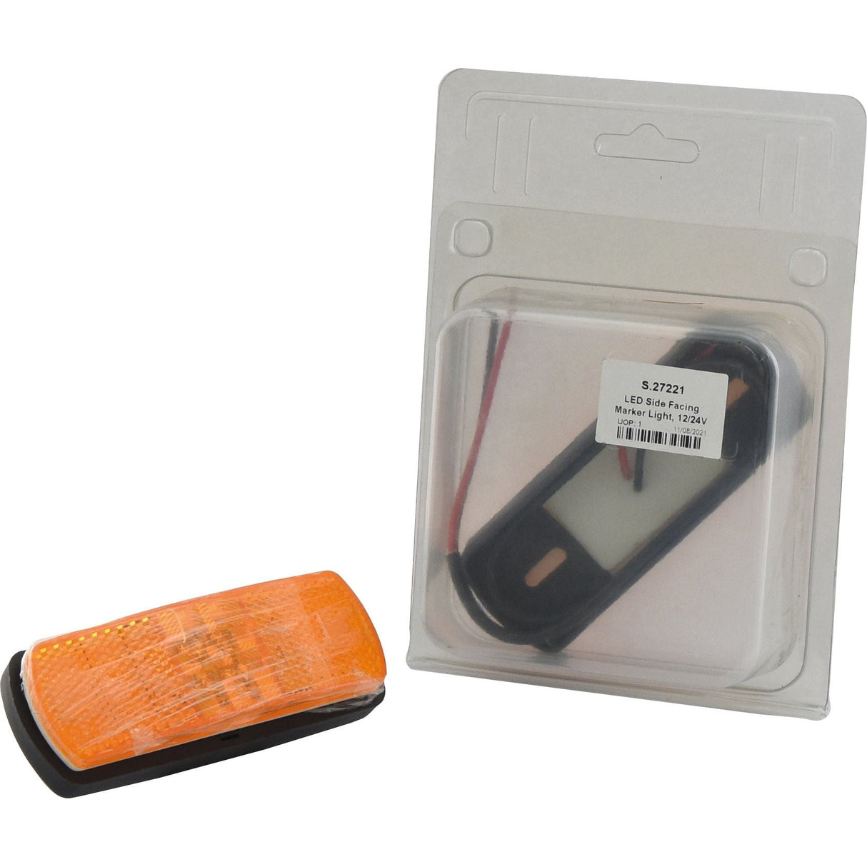 A Sparex LED Side Facing Marker Light (12/24V - S.27221) with an amber lens placed beside its clear plastic packaging.