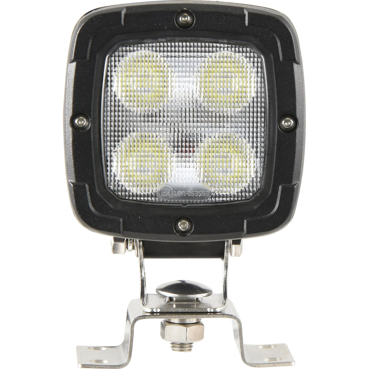 The Sparex LED Work Light (S.151835) features a square design with four individual LED bulbs mounted on a sturdy metal bracket. It boasts an IP6K9K rating for durability in harsh conditions and delivers 4000 lumens of raw light output. With a sleek black casing secured by silver screws and a clear lens, the light includes a DT Connector for easy installation and operates within a 10-30V range.
