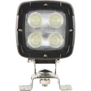 The Sparex LED Work Light (S.151835) features a square design with four individual LED bulbs mounted on a sturdy metal bracket. It boasts an IP6K9K rating for durability in harsh conditions and delivers 4000 lumens of raw light output. With a sleek black casing secured by silver screws and a clear lens, the light includes a DT Connector for easy installation and operates within a 10-30V range.