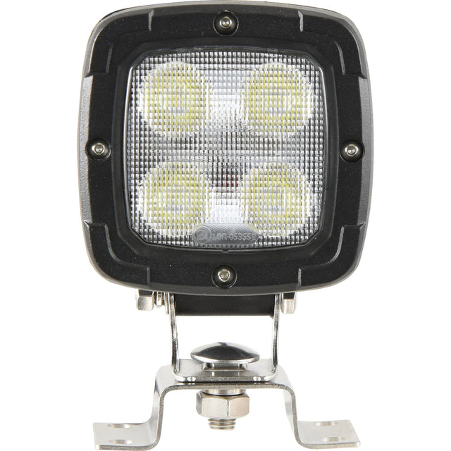 The Sparex LED Work Light (S.151835) features a square design with four individual LED bulbs mounted on a sturdy metal bracket. It boasts an IP6K9K rating for durability in harsh conditions and delivers 4000 lumens of raw light output. With a sleek black casing secured by silver screws and a clear lens, the light includes a DT Connector for easy installation and operates within a 10-30V range.
