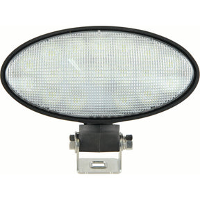 The John Deere LED Work Light by Sparex, featuring 4100 raw lumens and operating within a 10-30V range, is an oval-shaped worklight with a black bezel and a metallic mounting bracket at the bottom. It offers a flood beam for wide-area illumination and meets Class 3 interference standards.
