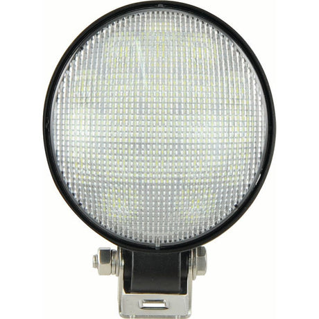 A close-up of the John Deere LED Work Light by Sparex, featuring a round design with a black border and textured lens, mounted on a metal bracket. This IP69K-rated light delivers an impressive output of 4800 Lumens.