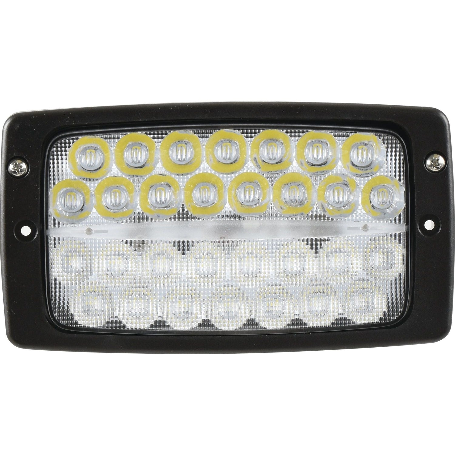 The Sparex LED Roof Work Light, S.152147, comes with a sleek black frame and features two rows of circular yellow LEDs on top and two rows of circular white LEDs on the bottom. With an IP6K9K rating, this 9900 lumens light ensures durability and reliability in various conditions, providing robust performance at 10-30V.
