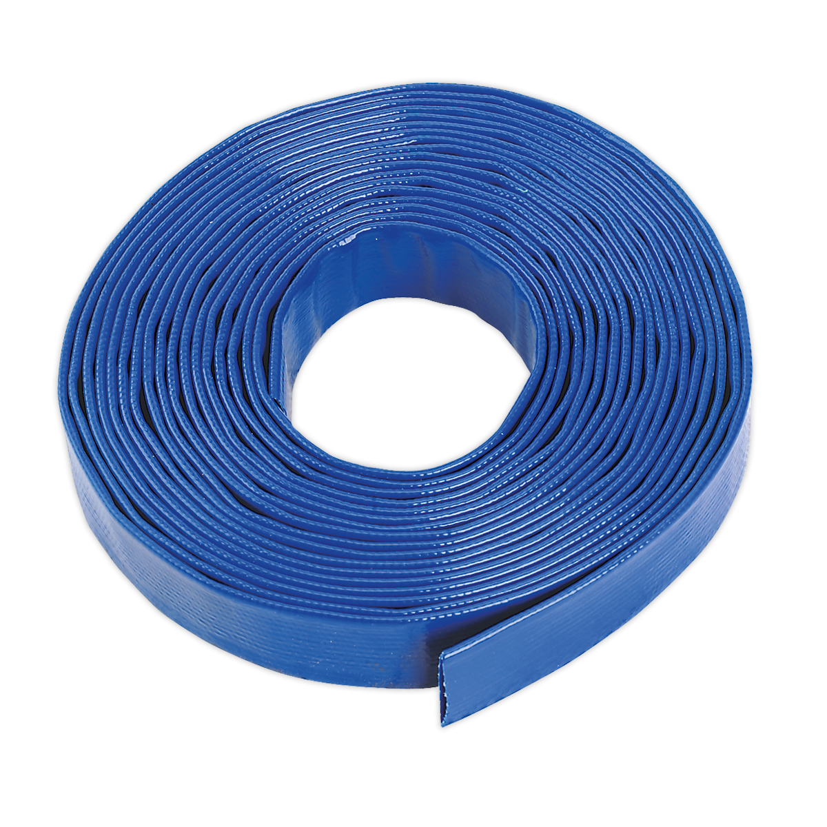 The Sealey Layflat Hose 25mm x 10m - LFH1025 is a coiled blue PVC hose with a smooth exterior, rolled into a circular shape, ideal for water discharge.