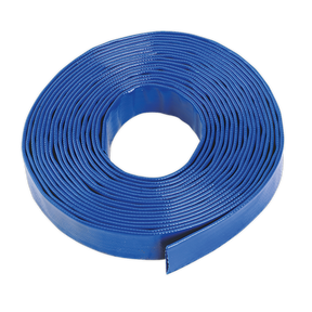 The Sealey Layflat Hose 25mm x 10m - LFH1025 is a coiled blue PVC hose with a smooth exterior, rolled into a circular shape, ideal for water discharge.