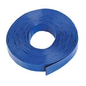 The Sealey Layflat Hose 25mm x 10m - LFH1025 is a coiled blue PVC hose with a smooth exterior, rolled into a circular shape, ideal for water discharge.