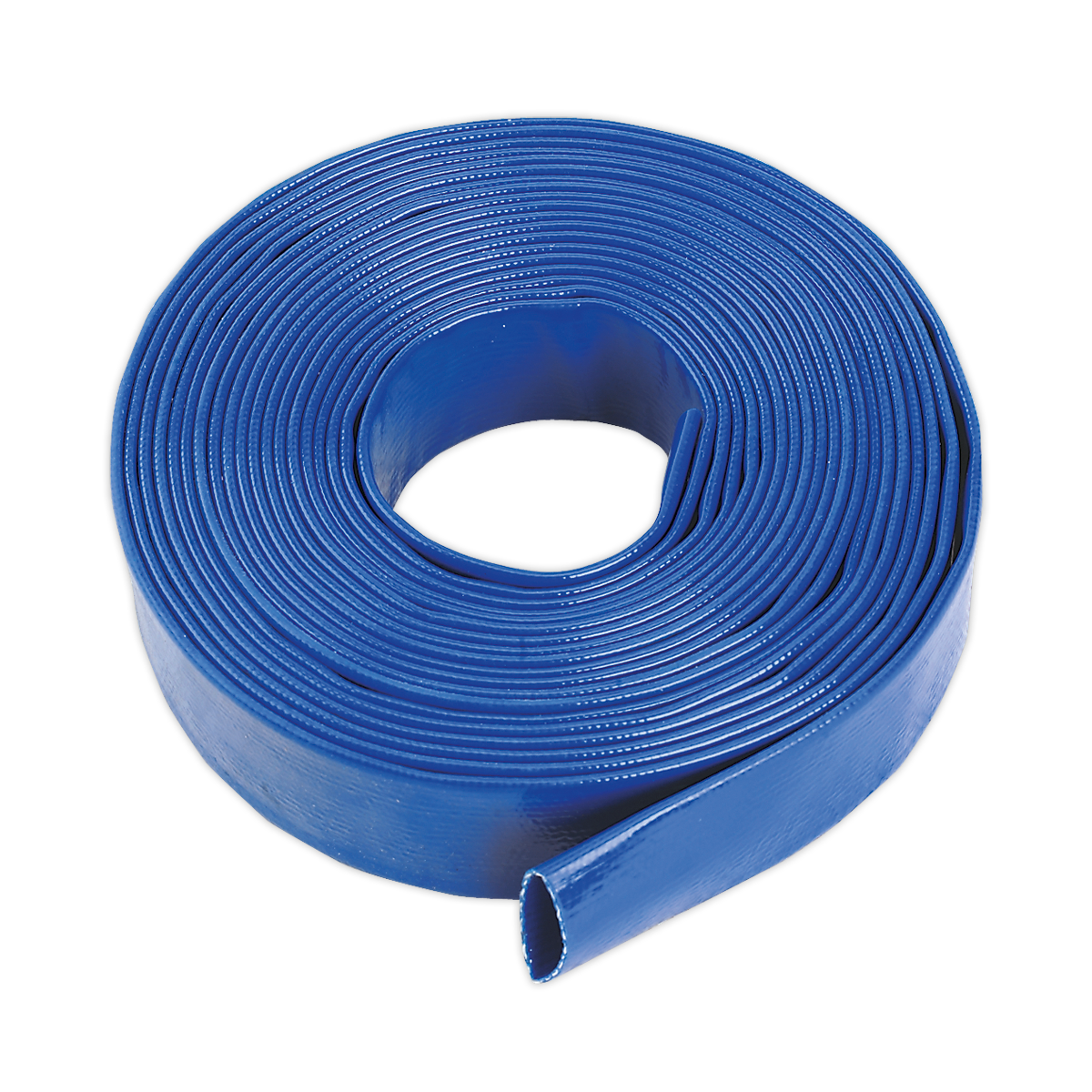 The Sealey Layflat Hose 32mm x 10m - LFH1032 is a coiled blue PVC hose, commonly used for agricultural irrigation and water discharge.