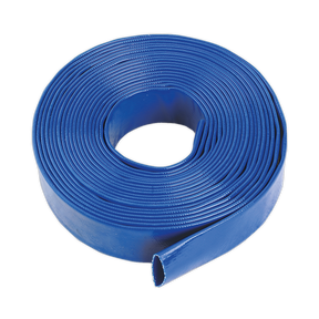 The Sealey Layflat Hose 32mm x 10m - LFH1032 is a coiled blue PVC hose, commonly used for agricultural irrigation and water discharge.
