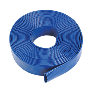 The Sealey Layflat Hose 32mm x 10m - LFH1032 is a coiled blue PVC hose, commonly used for agricultural irrigation and water discharge.