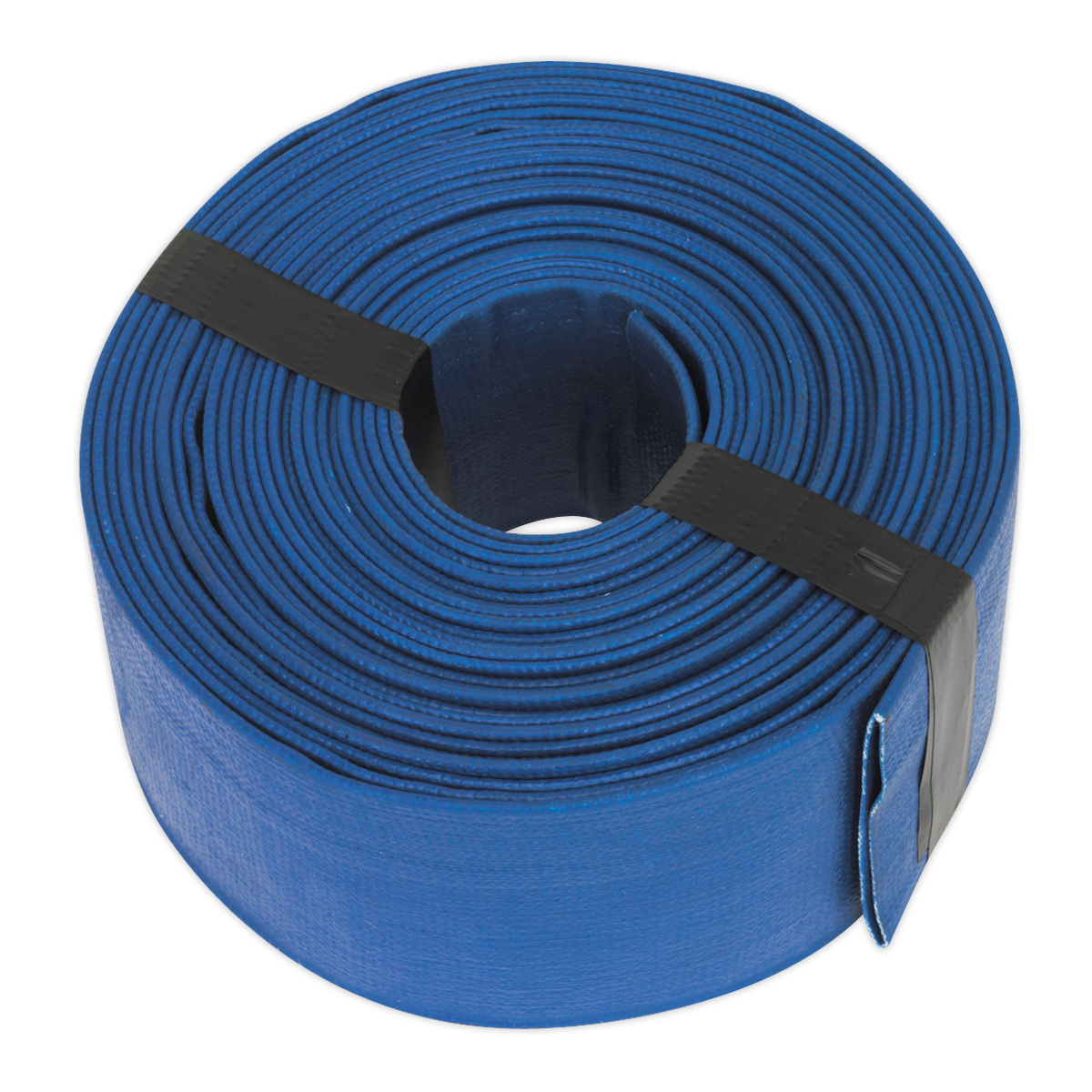 A coiled blue PVC Layflat Hose 50mm x 10m (LFH1050) from Sealey, secured with black straps, designed for efficient water discharge.