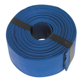 A coiled blue PVC Layflat Hose 50mm x 10m (LFH1050) from Sealey, secured with black straps, designed for efficient water discharge.