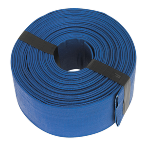 A coiled blue PVC Layflat Hose 50mm x 10m (LFH1050) from Sealey, secured with black straps, designed for efficient water discharge.