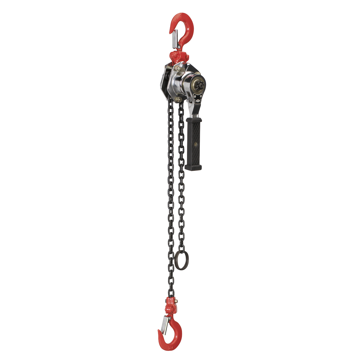 The Sealey Mini Lever Hoist 250kg - LH251 features a black handle, two red hooks with safety latches, and a durable metal chain designed for lifting heavy objects.