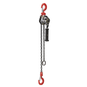 The Sealey Mini Lever Hoist 250kg - LH251 features a black handle, two red hooks with safety latches, and a durable metal chain designed for lifting heavy objects.