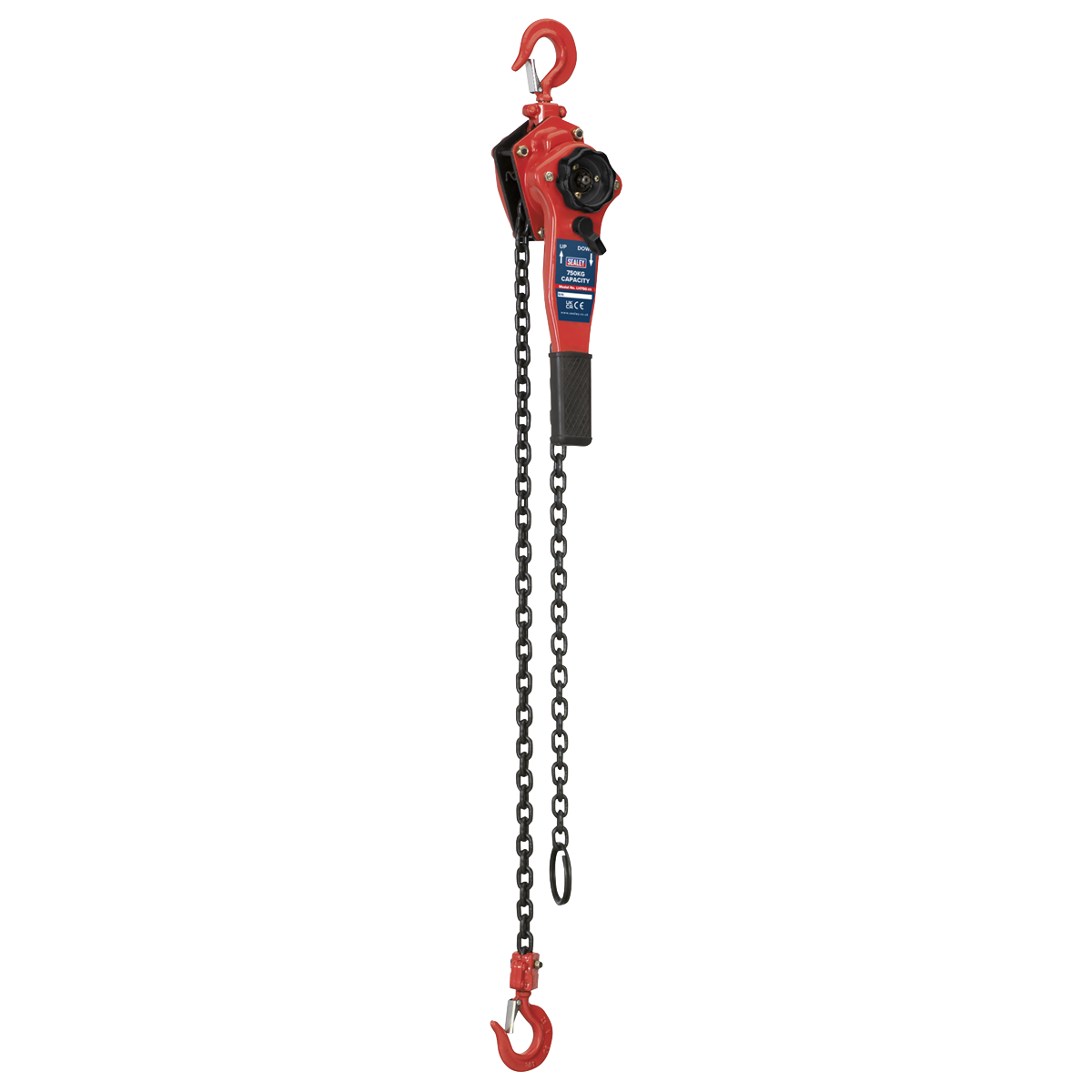 The Sealey Lever Hoist Steel 750kg - LH750 features a red housing, black handle, and two red hooks attached at either end of the alloy steel chain, along with a heavy-duty brake for enhanced safety.