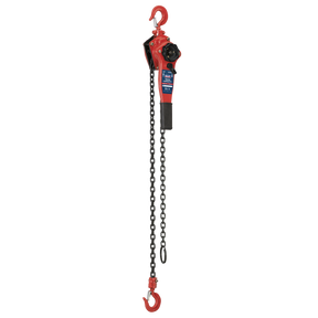 The Sealey Lever Hoist Steel 750kg - LH750 features a red housing, black handle, and two red hooks attached at either end of the alloy steel chain, along with a heavy-duty brake for enhanced safety.