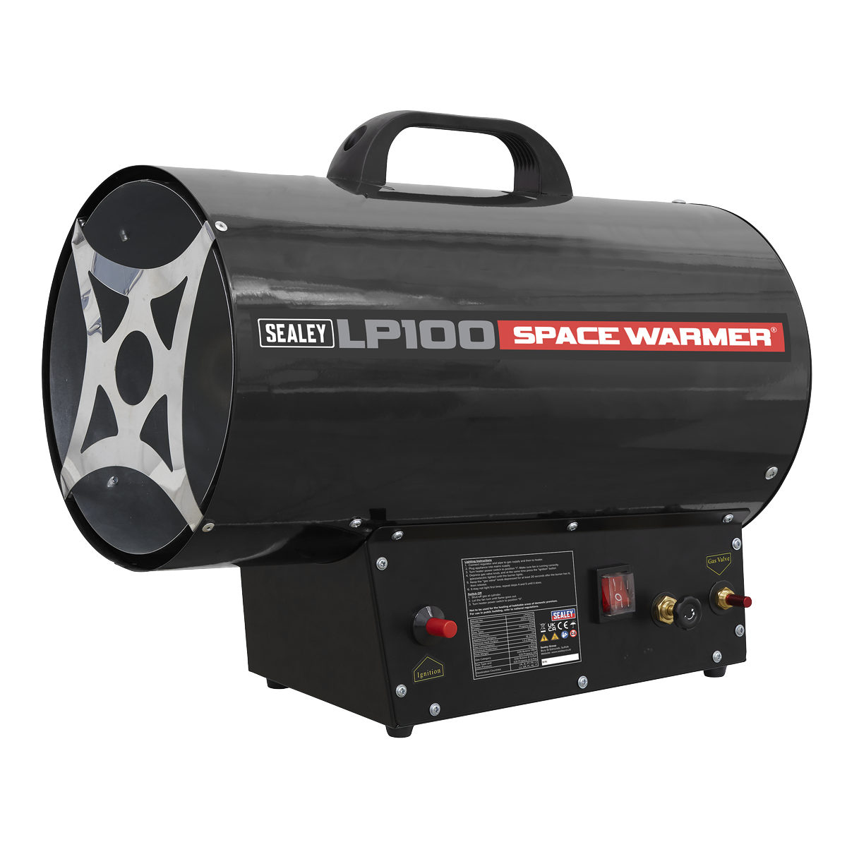 The Sealey Space Warmer® Propane Heater LP100 is a black, cylindrical portable heater boasting a large capacity of 61,000-102,000 Btu/hr (18-30kW). It features a handle on top for easy transport and a control panel at the base. For added convenience, this heater is equipped with Piezo Ignition.