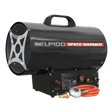 A Sealey Space Warmer® LP100 Propane Heater in black, offering 61,000-102,000 Btu/hr (18-30 kW), featuring a handle, control panel, Safety Solenoid Valve, and an attached orange gas hose.