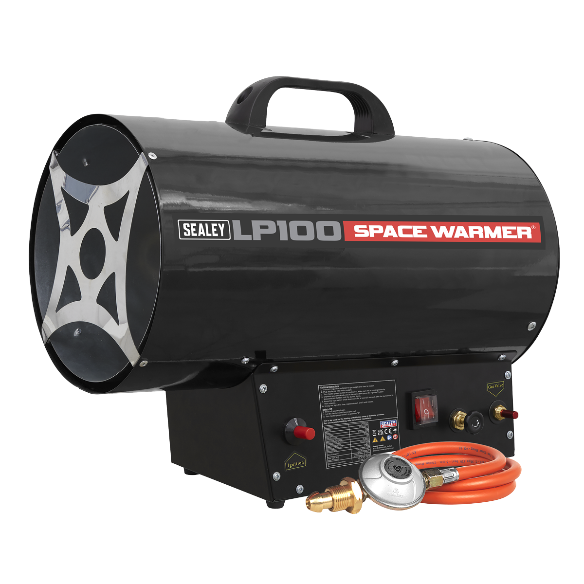 A Sealey Space Warmer® LP100 Propane Heater in black, offering 61,000-102,000 Btu/hr (18-30 kW), featuring a handle, control panel, Safety Solenoid Valve, and an attached orange gas hose.