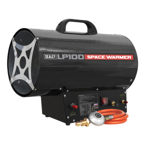 A Sealey Space Warmer® LP100 Propane Heater in black, offering 61,000-102,000 Btu/hr (18-30 kW), featuring a handle, control panel, Safety Solenoid Valve, and an attached orange gas hose.