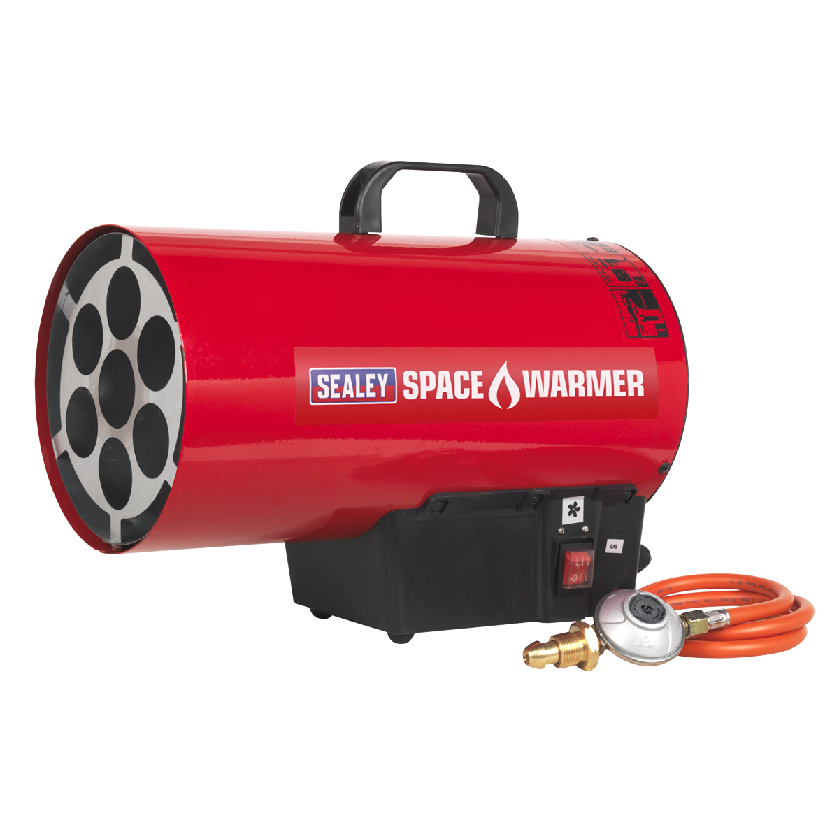 The Sealey Space Warmer® Propane Heater 54,500Btu/hr - LP55 is a red, cylindrical gas heater with a black handle, Piezo Ignition System, and comes with an attached orange gas hose and regulator; perfect for workshop settings.