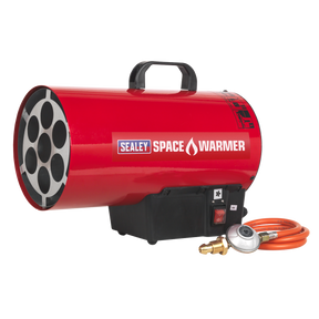 The Sealey Space Warmer® Propane Heater 54,500Btu/hr - LP55 is a red, cylindrical gas heater with a black handle, Piezo Ignition System, and comes with an attached orange gas hose and regulator; perfect for workshop settings.