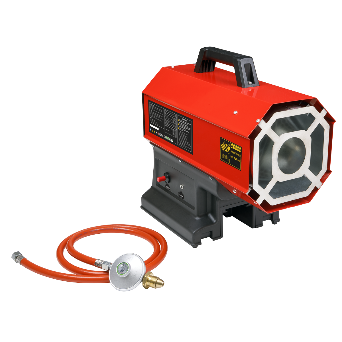 Image of the Sealey 230V with Cordless Option Space Warmer® Propane Heater 30,000-68,000Btu/hr (9-20kW) - LP69C in red, featuring an attached handle, black base, and gas hose.