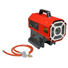 Image of the Sealey 230V with Cordless Option Space Warmer® Propane Heater 30,000-68,000Btu/hr (9-20kW) - LP69C in red, featuring an attached handle, black base, and gas hose.