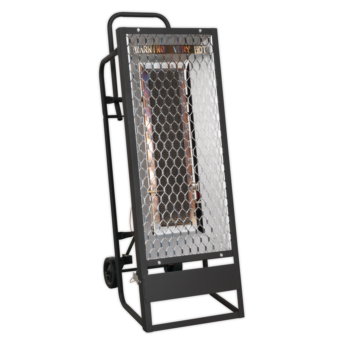 The Sealey Space Warmer® Industrial Propane Heater 35,000Btu/hr - LPH35 is a portable industrial heater featuring a protective mesh screen, wheels for easy mobility, and a "Warning Very Hot" label on the top, making it perfect for all your portable heating needs.