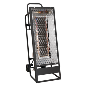 The Sealey Space Warmer® Industrial Propane Heater 35,000Btu/hr - LPH35 is a portable industrial heater featuring a protective mesh screen, wheels for easy mobility, and a "Warning Very Hot" label on the top, making it perfect for all your portable heating needs.