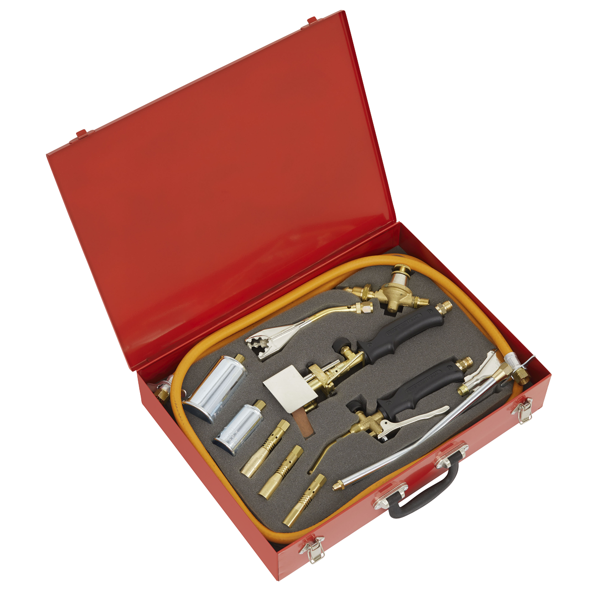 Open the Sealey Propane Torch Kit 14pc - LPT14, featuring various heating and soldering tools such as torches with rapid flame control, hoses, and fittings, all neatly organized in a foam insert.