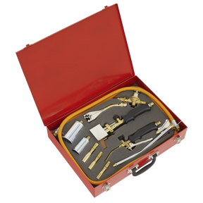Open the Sealey Propane Torch Kit 14pc - LPT14, featuring various heating and soldering tools such as torches with rapid flame control, hoses, and fittings, all neatly organized in a foam insert.