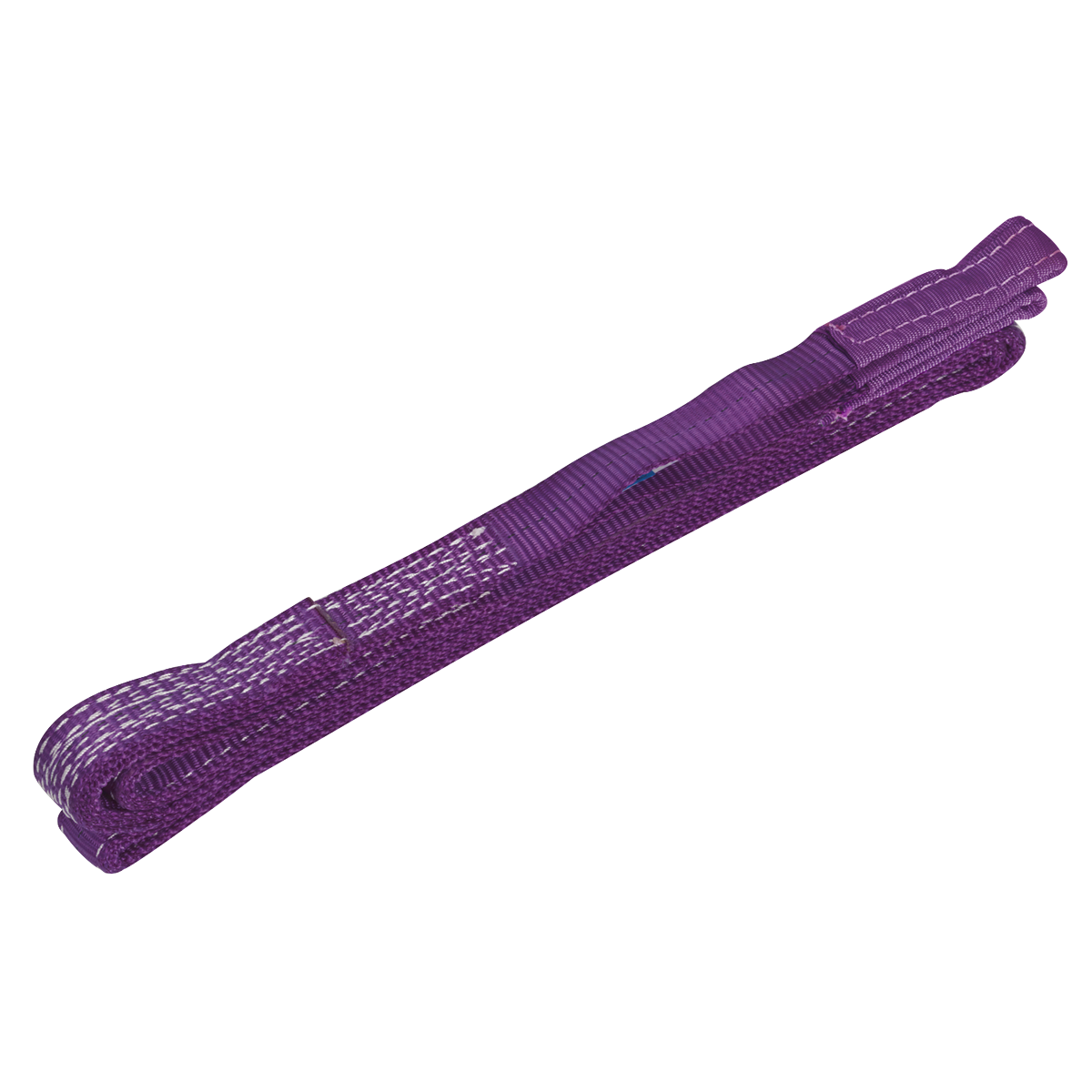 A Sealey Load Sling 1 Tonne Capacity 3m - LS1003, featuring a colour-coded purple design with reinforced stitching and high-strength polyester, laid flat on a white background.