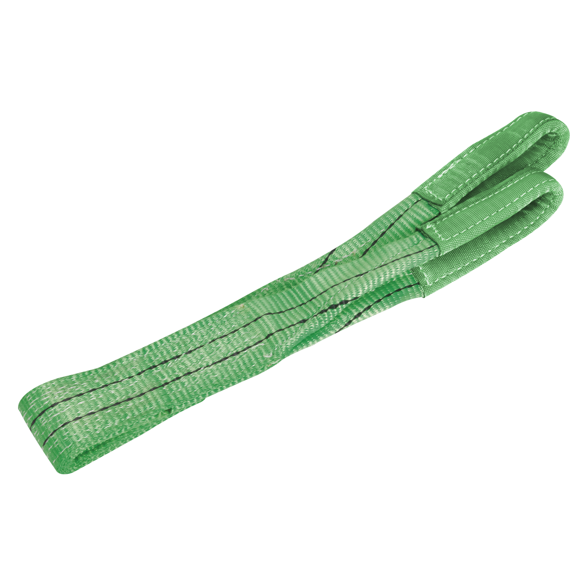 The Sealey Load Sling 2 Tonne Capacity 1m - LS2001 is a green lifting sling made of high-strength polyester, featuring reinforced loops on both ends and color-coded for easy identification, perfect for heavy-duty lifting and rigging tasks.