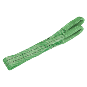 The Sealey Load Sling 2 Tonne Capacity 1m - LS2001 is a green lifting sling made of high-strength polyester, featuring reinforced loops on both ends and color-coded for easy identification, perfect for heavy-duty lifting and rigging tasks.