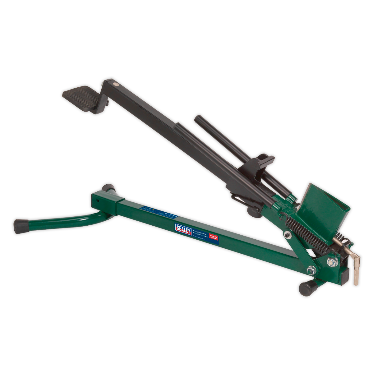 The Sealey LS450H Log Splitter, foot operated in a horizontal design, features a portable structure crafted from heavy-duty steel with a green and black finish, along with a convenient handle and foot pedal.