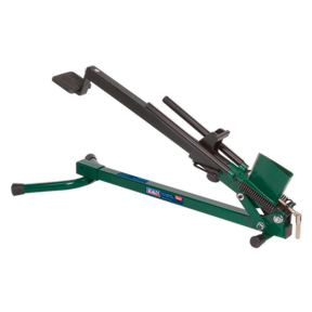 The Sealey LS450H Log Splitter, foot operated in a horizontal design, features a portable structure crafted from heavy-duty steel with a green and black finish, along with a convenient handle and foot pedal.