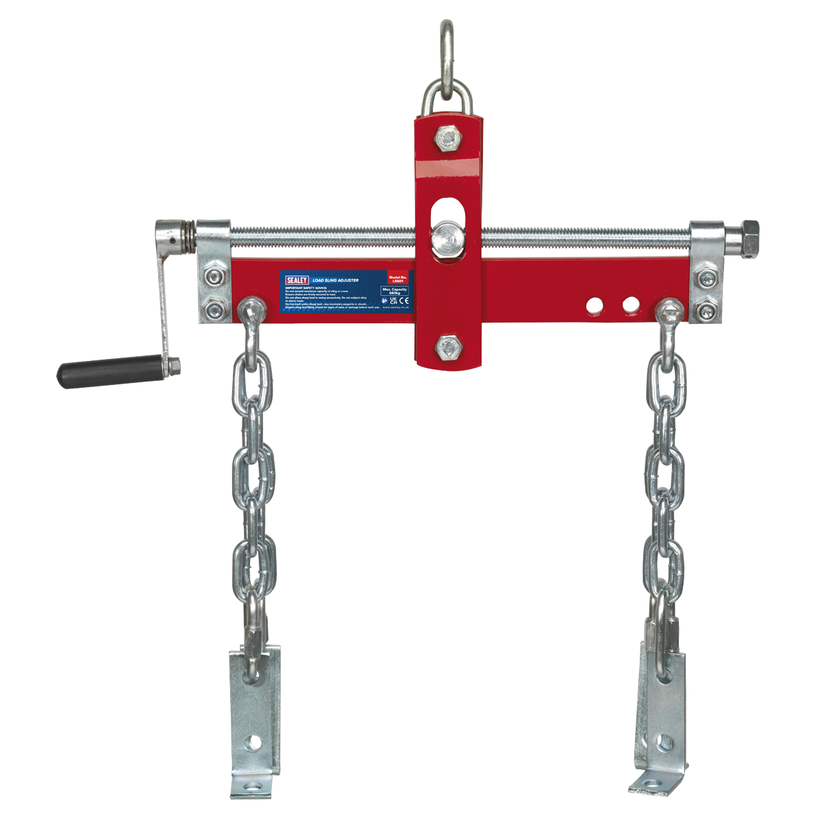 The Sealey Load Sling Adjuster with Ball-Bearings 680kg Capacity - LS501, equipped with a chain system and mounting brackets, is shown against a white background. This red metal tool is perfect for effortless engine adjustments or handling heavy loads.