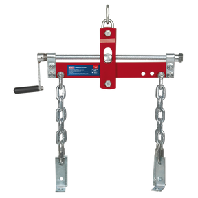 The Sealey Load Sling Adjuster with Ball-Bearings 680kg Capacity - LS501, equipped with a chain system and mounting brackets, is shown against a white background. This red metal tool is perfect for effortless engine adjustments or handling heavy loads.