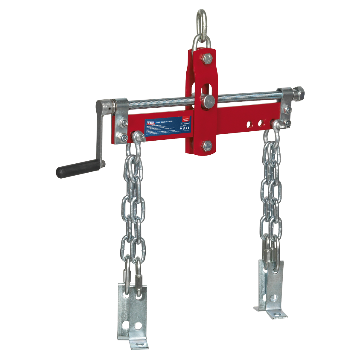 Image of a red Sealey Load Sling Adjuster with Ball-Bearings, model LS501, featuring a hand crank and two chains. This sturdy tool, used for engine adjustment during installation or removal, efficiently handles heavy loads up to 680kg and is equipped with a central lifting hook.