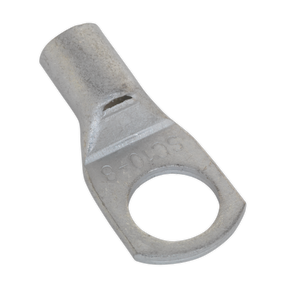 The Sealey Copper Lug Terminal 10mm² x 8mm Pack of 10 - LT108 features a tin-plated copper design with a cylindrical end and a flat, circular hole for secure attachment, and can be crimped or soldered.