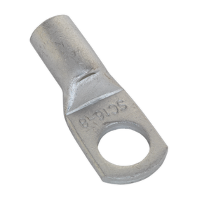 Close-up of a Sealey Copper Lug Terminal 16mm² x 8mm (Pack of 10, Model LT168) with a cylindrical end and a flat end featuring a circular screw hole for mounting, marked with "SC16-8".