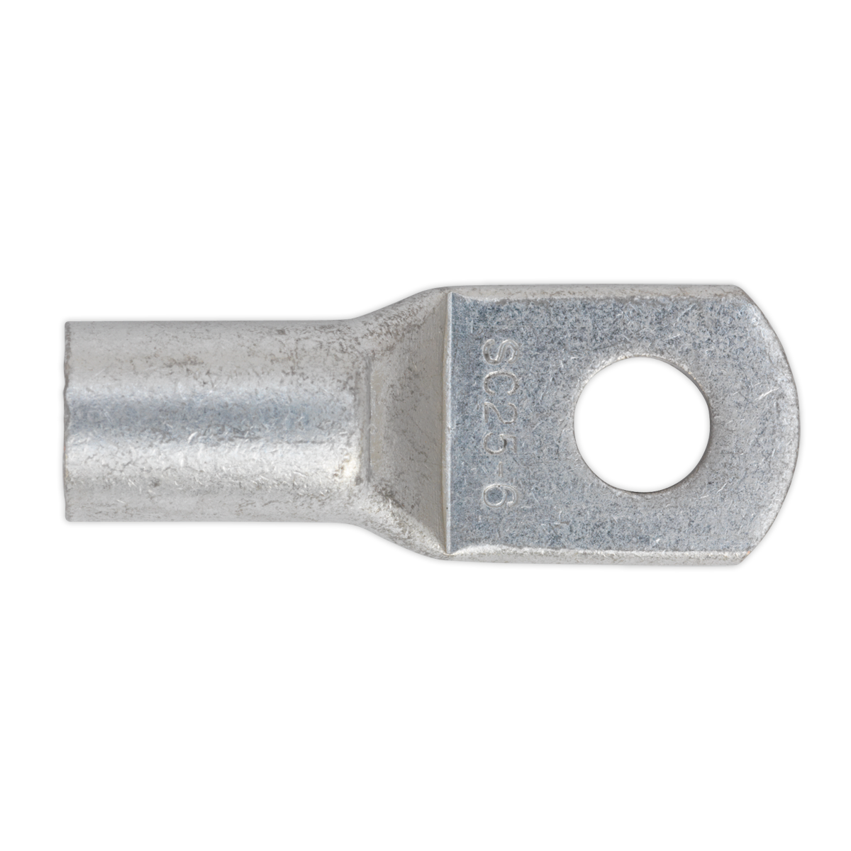 The Sealey Copper Lug Terminal 25mm² x 6mm Pack of 10 - LT256 is a tin-plated copper terminal with a cylindrical end and a flat, perforated tab, ideal for electrical connections. It includes a screw hole diameter designed for secure fastening and can be crimped or soldered to ensure reliable performance.